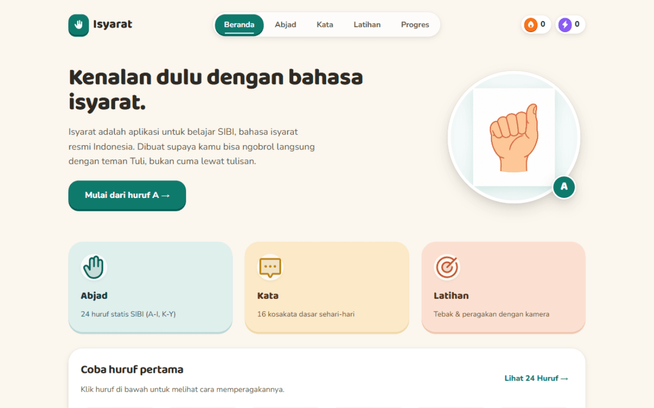 Tangkapan layar aplikasi CapSL dengan latihan isyarat lewat kamera