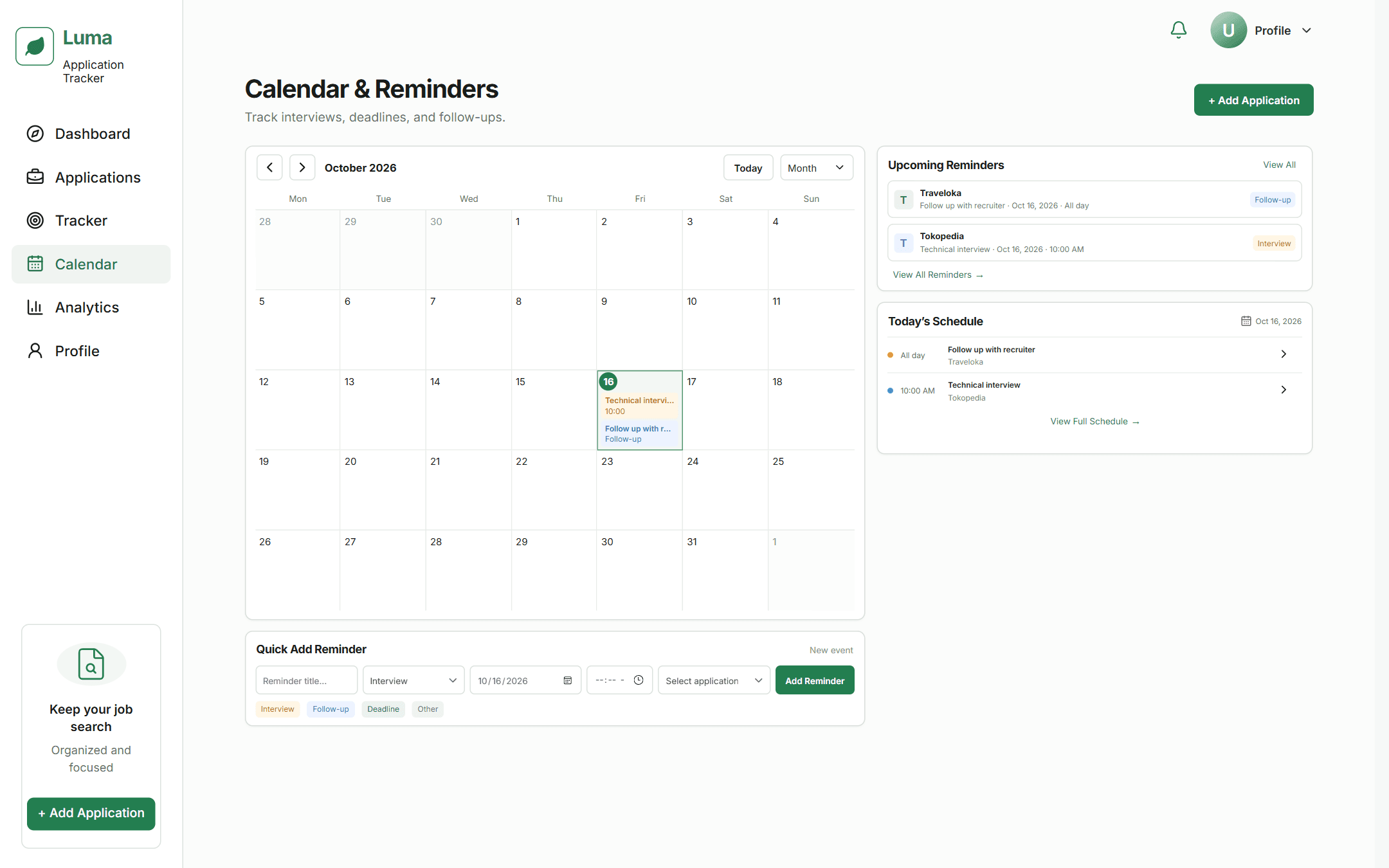 Luma calendar for October 2026 with interview and follow-up reminders