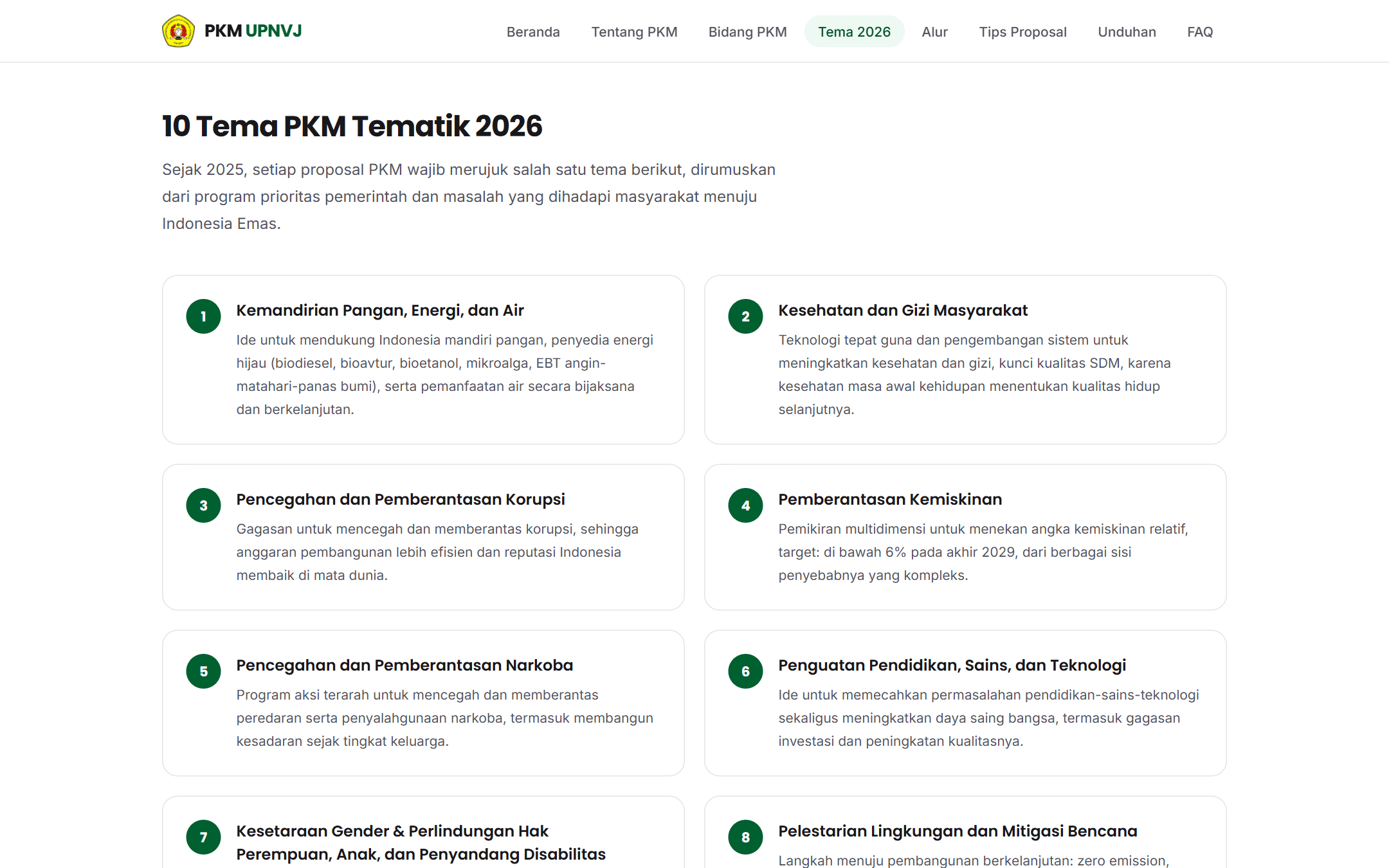 Halaman Tema PKM Tematik 2026 dengan daftar tema bernomor dan ringkasannya