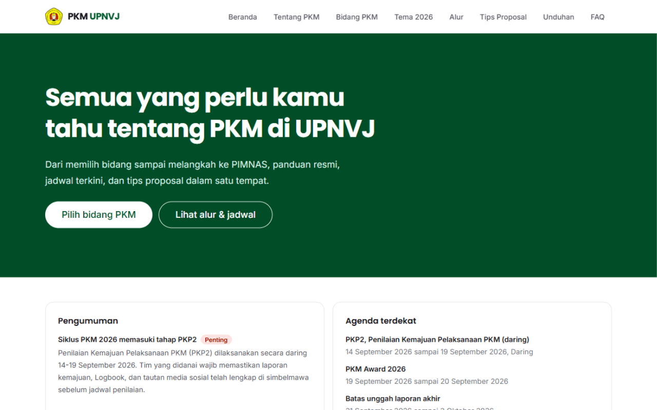 Tangkapan layar beranda website PKM UPNVJ